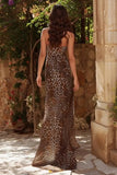 Brown Leopard Print Long Mermaid Prom Dress with Slit