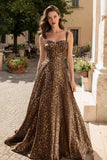 Brown Leopard Print Thick Straps A-Line Long Prom Dress