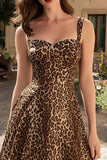 Brown Leopard Print Thick Straps A-Line Long Prom Dress