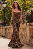 Brown Leopard Print Spaghetti Straps Cut Out Mermaid Long Prom Dress
