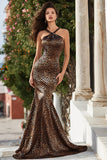 Brown Leopard Print Cross Halter Neck Long Prom Dress