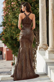 Brown Leopard Print Cross Halter Neck Long Prom Dress