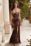 Sparkly Brown Leopard Print Sweetheart Long Prom Dress with Slit
