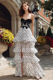 Black and White Polka Dots Tiered Ruffled Sweetheart Long Prom Dress with Slit