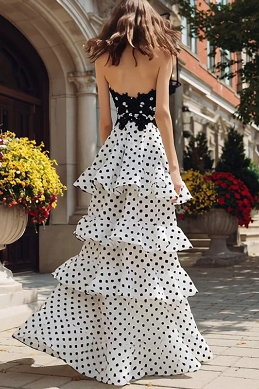 Black and White Polka Dots Tiered Ruffled Sweetheart Long Prom Dress with Slit