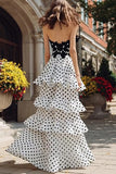 Black and White Polka Dots Tiered Ruffled Sweetheart Long Prom Dress with Slit