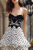 Black and White Polka Dots Tiered Ruffled Sweetheart Long Prom Dress with Slit