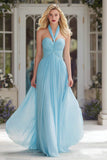 Sparkly Sky Blue A Line Halter Neck Long Prom Dress