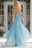 Sparkly Sky Blue A Line Halter Neck Long Prom Dress