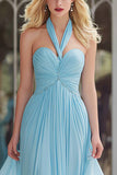 Sparkly Sky Blue A Line Halter Neck Long Prom Dress