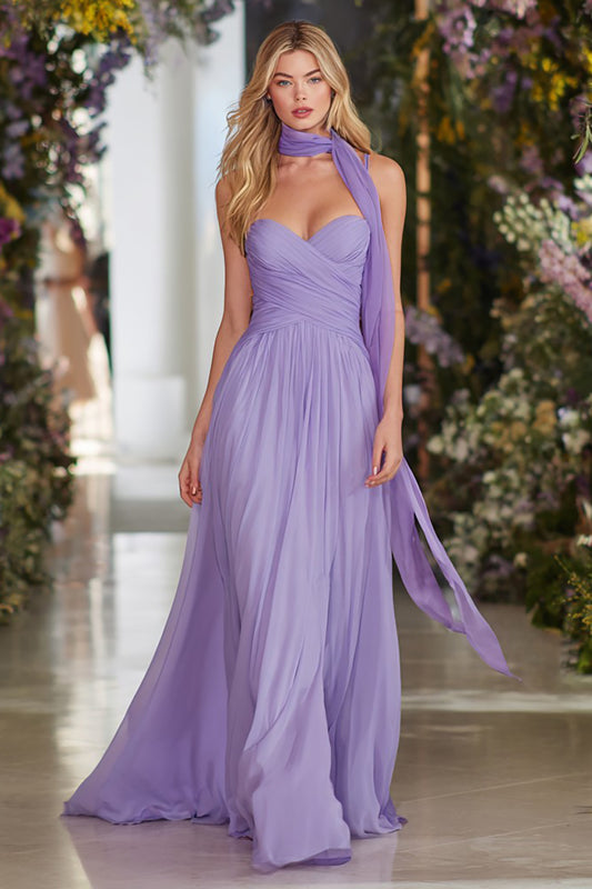 Lilac Sweetheart Neck Scarf A Line Long Prom Dress