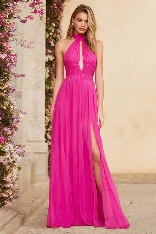 Fuchsia Halter Ruched A Line Long Prom Dress with Slit