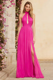 Fuchsia Halter Ruched A Line Long Prom Dress with Slit
