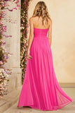 Fuchsia Halter Ruched A Line Long Prom Dress with Slit