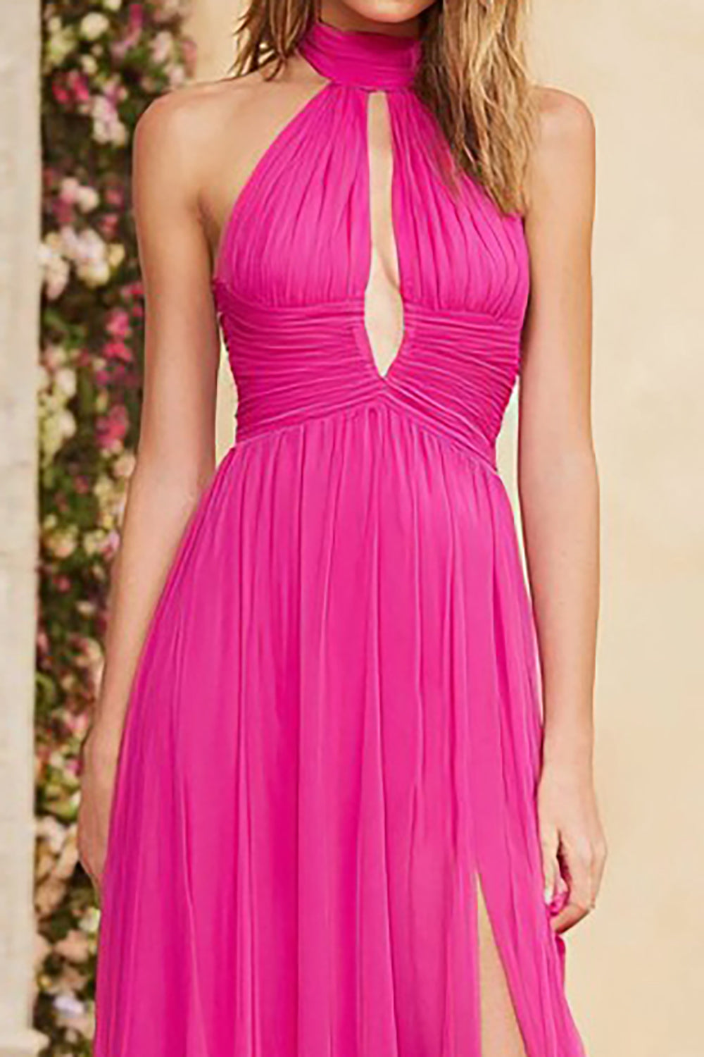 Fuchsia Halter Ruched A Line Long Prom Dress with Slit