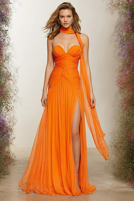 Orange Sweetheart Ruched Neck Scarf A Line Long Prom Dress
