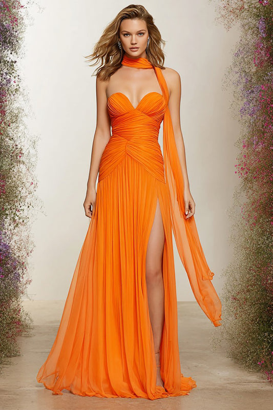 Orange Sweetheart Ruched Neck Scarf A Line Long Prom Dress