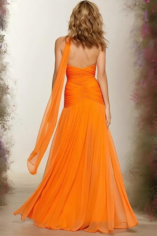 Orange Sweetheart Ruched Neck Scarf A Line Long Prom Dress