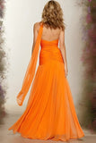 Orange Sweetheart Ruched Neck Scarf A Line Long Prom Dress