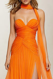 Orange Sweetheart Ruched Neck Scarf A Line Long Prom Dress