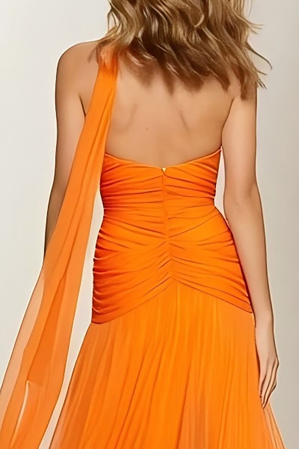 Orange Sweetheart Ruched Neck Scarf A Line Long Prom Dress