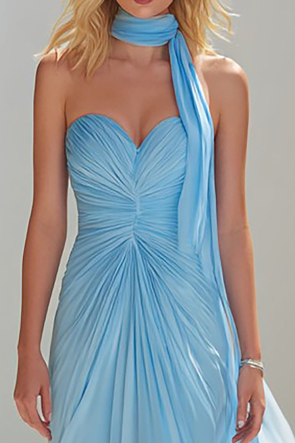 Sky Blue A Line Sweetheart Ruched Neck Scarf Long Prom Dress