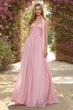 Pink A Line Sweetheart Neck Scarf Ruched Long Prom Dress