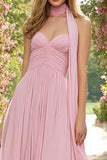 Pink A Line Sweetheart Neck Scarf Ruched Long Prom Dress