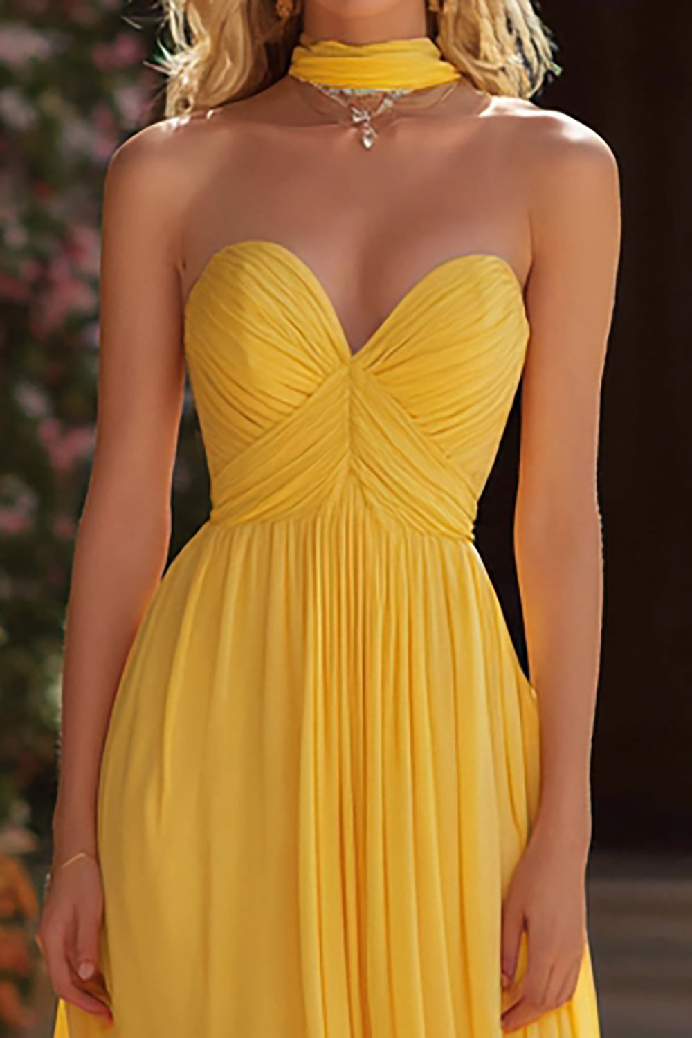 Yellow A-Line Sweetheart Neck Scarf Long Prom Dress