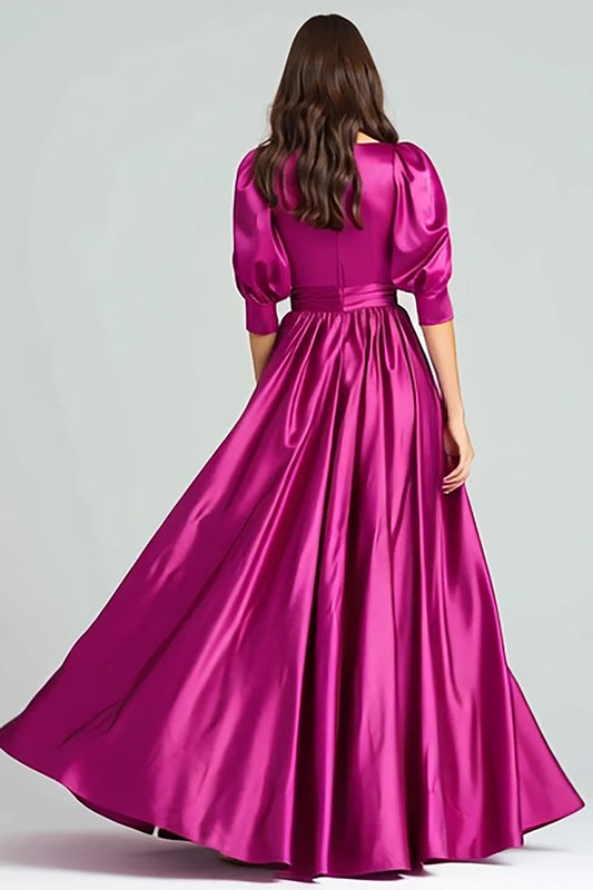 Fuchsia A-Line Bateau Neck Long Evening Dress with Sleeves
