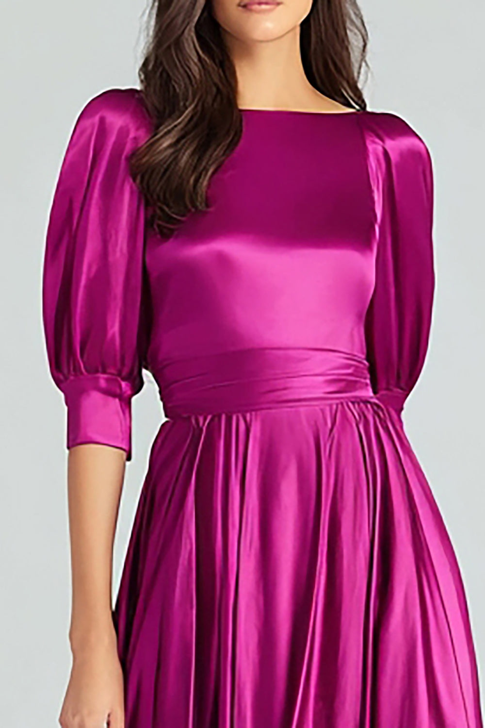 Fuchsia A-Line Bateau Neck Long Evening Dress with Sleeves