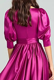 Fuchsia A-Line Bateau Neck Long Evening Dress with Sleeves