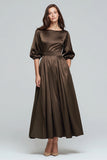 Olive Satin A-Line Half Sleeves Long Evening Dress