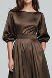 Olive Satin A-Line Half Sleeves Long Evening Dress