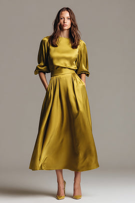 Olive Satin A-Line Half Sleeves Long Evening Dress