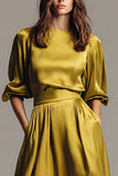 Olive Satin A-Line Half Sleeves Long Evening Dress