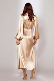 Champagne Satin Sheath V-Neck Long Sleeves Evening Dress