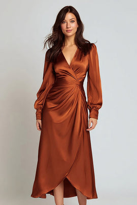 Rust V-Neck Satin Ruched Midi Work Dress with Sleeves
