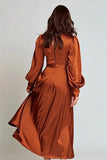 Rust V-Neck Satin Ruched Midi Work Dress with Sleeves