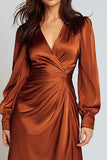 Rust V-Neck Satin Ruched Midi Work Dress with Sleeves
