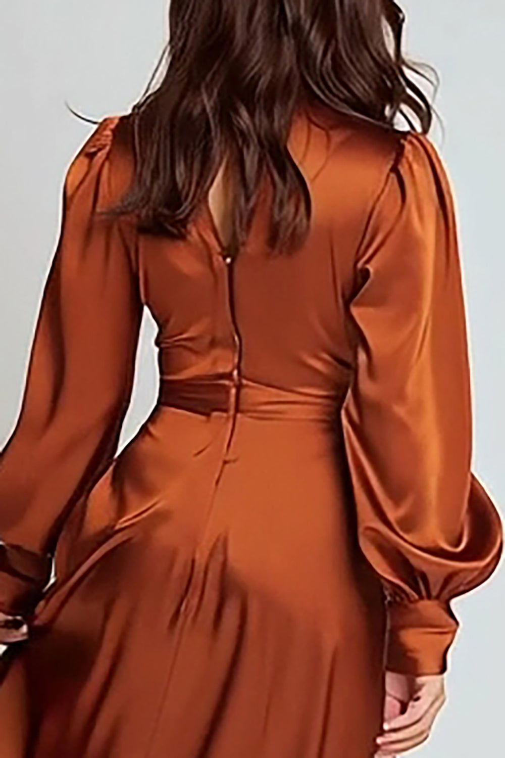 Rust V-Neck Satin Ruched Midi Work Dress with Sleeves