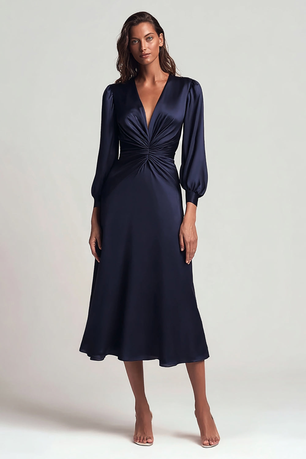 Navy Satin V-Neck Backless Ruched Midi Work Dress with Sleeves