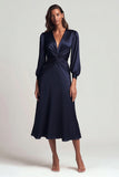 Navy Satin V-Neck Backless Ruched Midi Work Dress with Sleeves