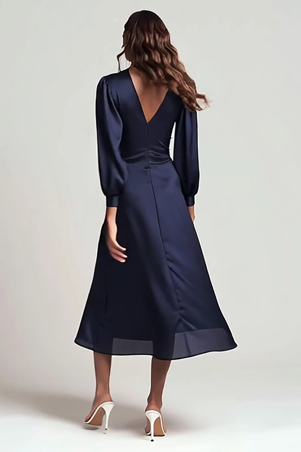 Navy Satin V-Neck Backless Ruched Midi Work Dress with Sleeves