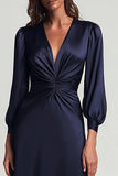 Navy Satin V-Neck Backless Ruched Midi Work Dress with Sleeves