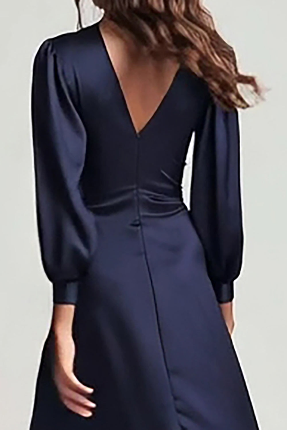 Navy Satin V-Neck Backless Ruched Midi Work Dress with Sleeves