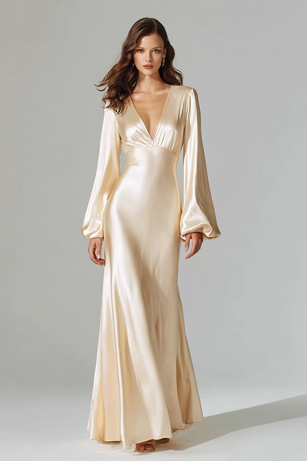 Champagne Mermaid V-Neck Satin Long Sleeves Evening Dress