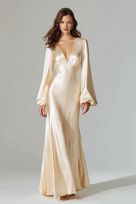 Champagne Mermaid V-Neck Satin Long Sleeves Evening Dress