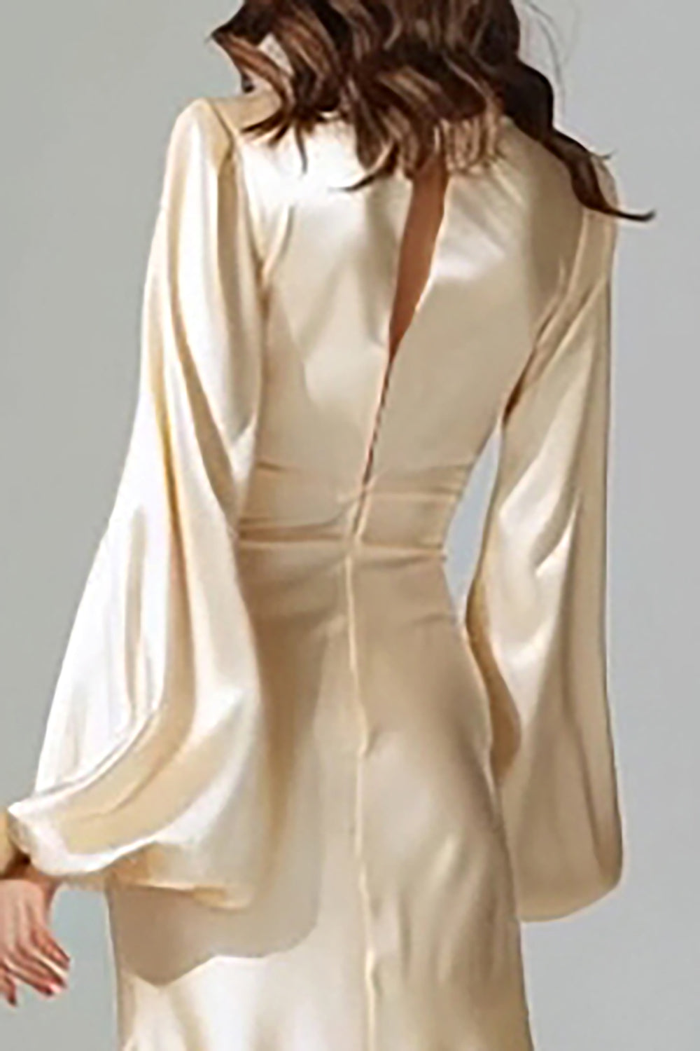 Champagne Mermaid V-Neck Satin Long Sleeves Evening Dress