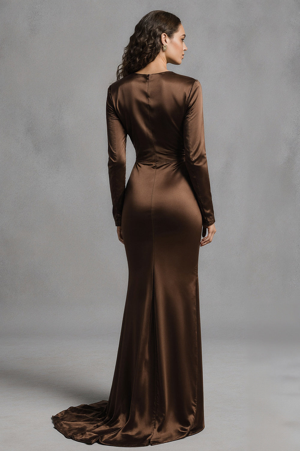 Coffee Mermaid Crew Neck Satin Long Evening Dress